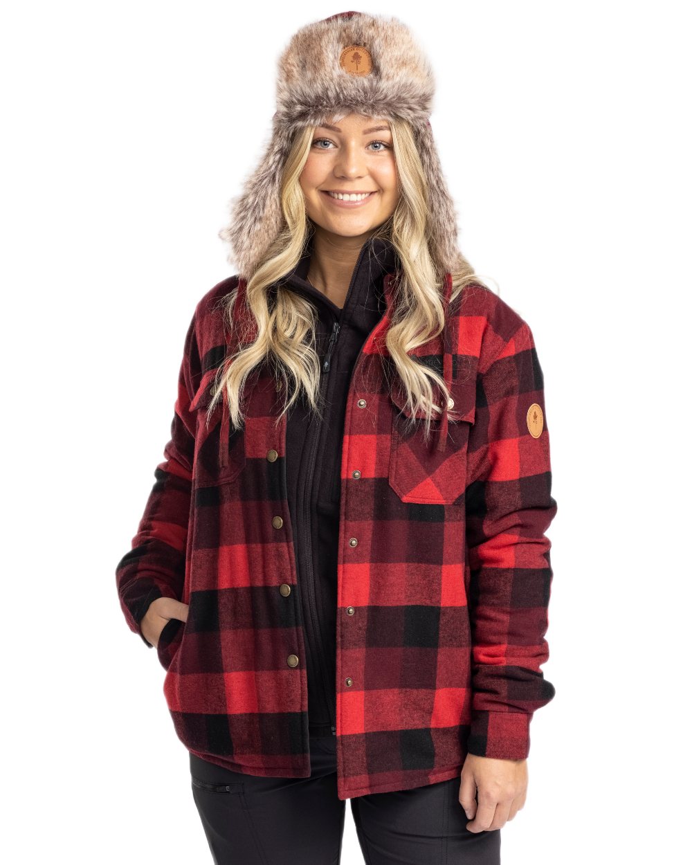 Red Black Coloured Pinewood Womens Canada Classic 2.0 Shirt on outdoor background #colour_red-black
