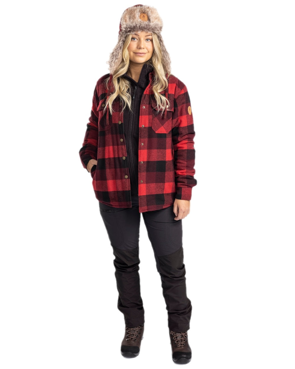 Red Black Coloured Pinewood Womens Canada Classic 2.0 Shirt on outdoor background #colour_red-black