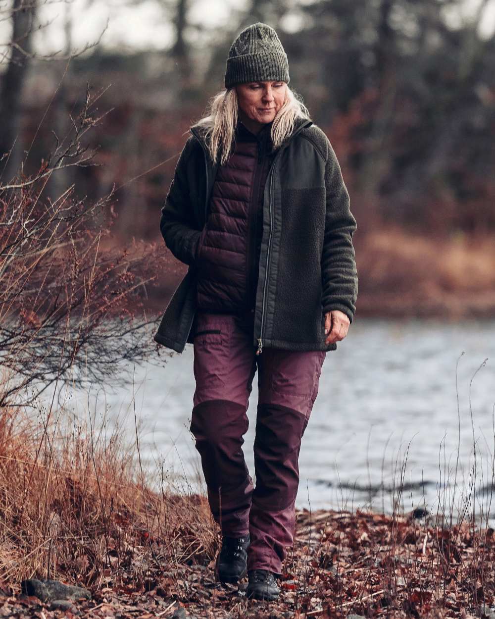 Light Plum Earth Plum Coloured Pinewood Womens Caribou TC Trousers on outdoor background #colour_light-plum-earth-plum