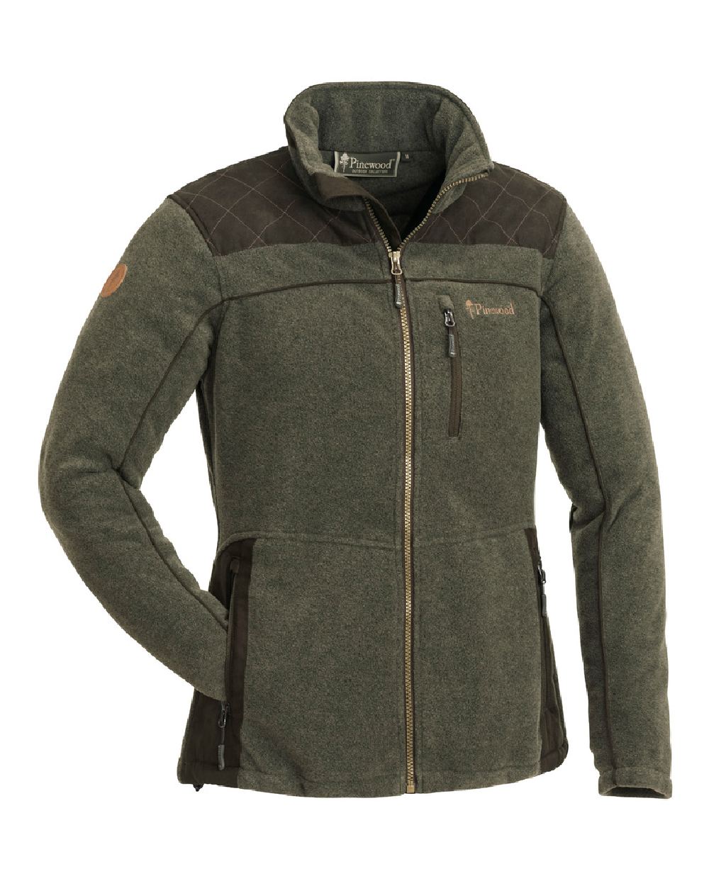 Olive Mel Suede Brown Coloured Pinewood Womens Diana Exclusive Fleece Jacket on white background #colour_olive-mel-suede-brown