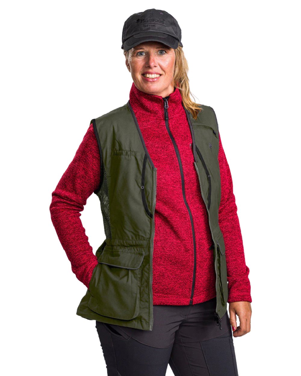 Black Moss Green coloured Pinewood Womens Dog Sports 2.0 Vest on white background #colour_black-moss-green