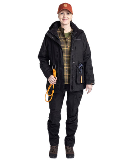 Black Coloured Pinewood Womens Dog Sports Trainer Extreme Jacket on white background #colour_black