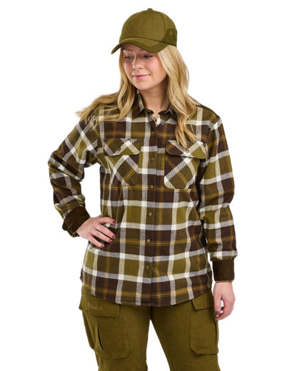 Olive Green Cream White coloured Pinewood Womens Douglas Shirt on white background #colour_olive-green-cream-white