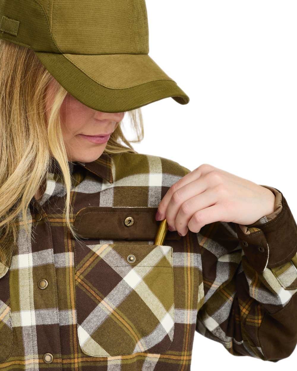 Olive Green Cream White coloured Pinewood Womens Douglas Shirt on white background #colour_olive-green-cream-white
