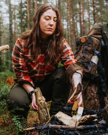 Orange Clay Dark Brown coloured Pinewood Womens Douglas Shirt on forest background #colour_orange-clay-dark-brown