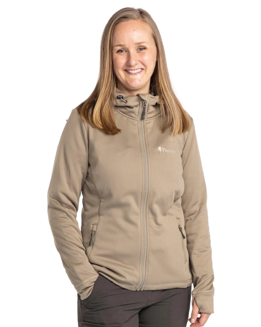 Mid Khaki coloured Pinewood Womens Finnveden Hoodie on white background #colour_mid-khaki