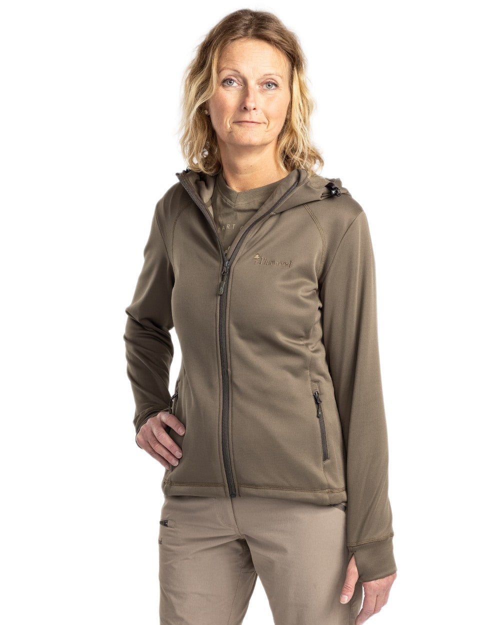 Olive Coloured Pinewood Womens Finnveden Hoodie on white background #colour_olive