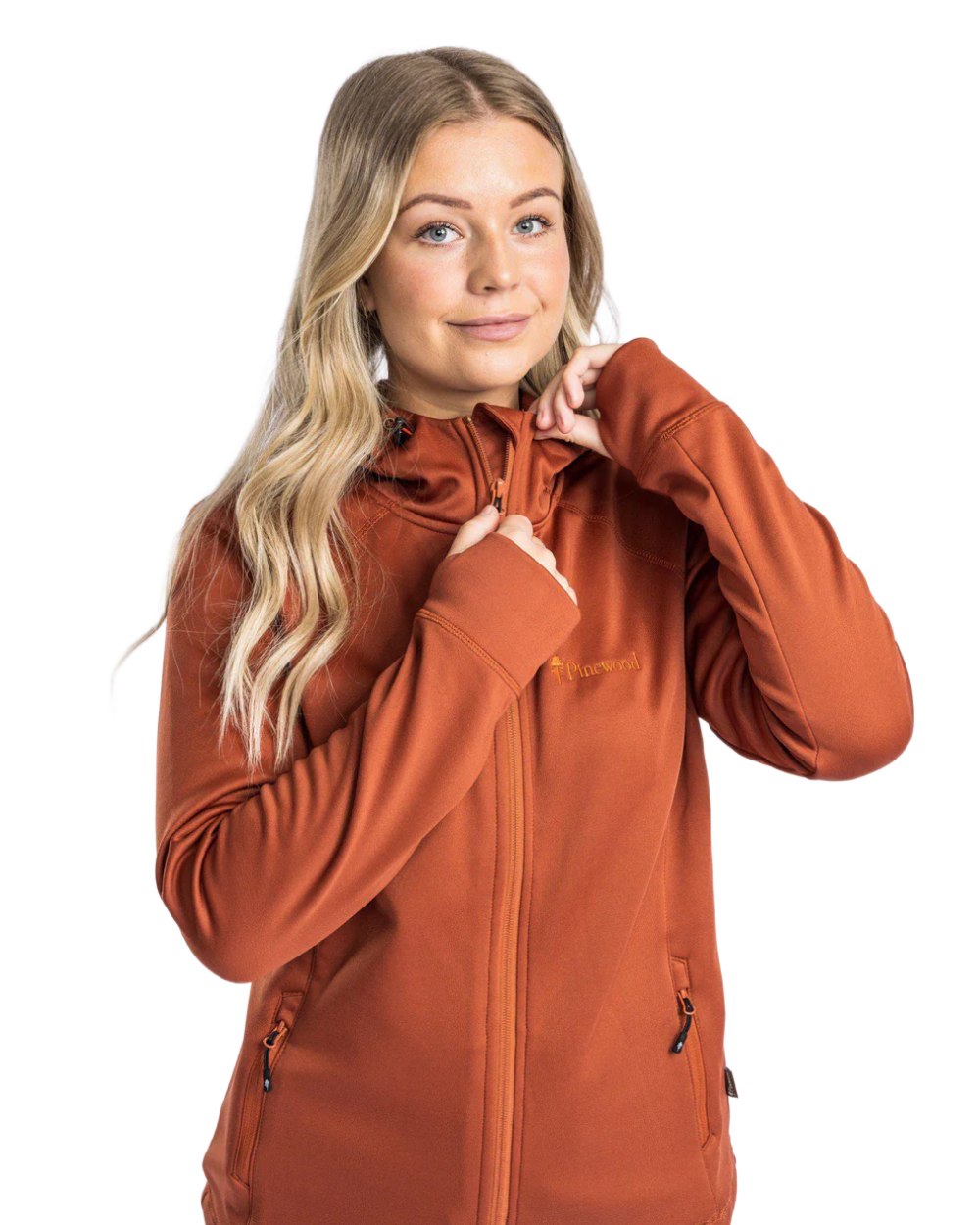 Terracotta coloured Pinewood Womens Finnveden Hoodie on white background #colour_terracotta