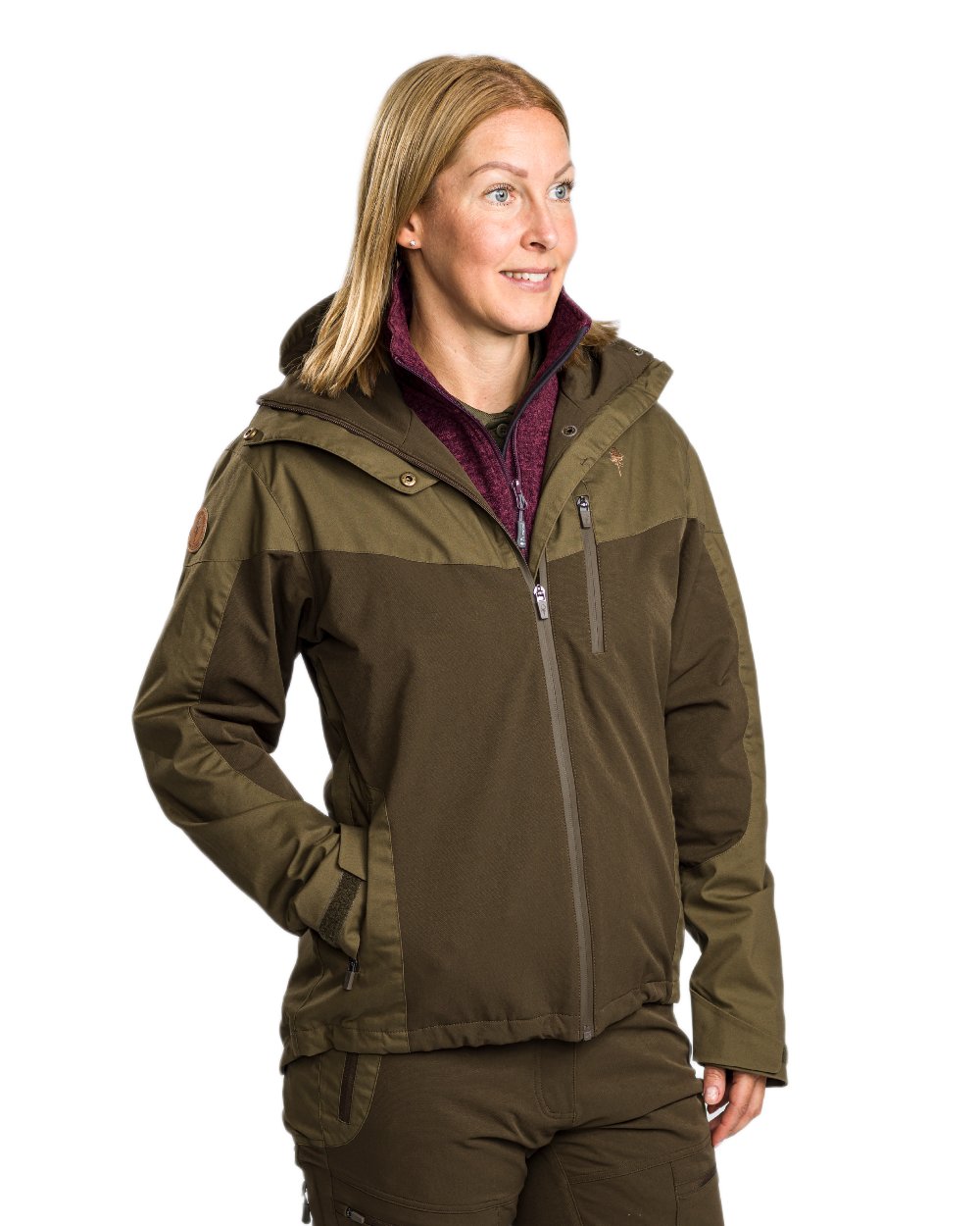 Dark Olive Hunting Olive Coloured Pinewood Womens Finnveden Hybrid Extreme Jacket on white background #colour_dark-olive-hunting-olive