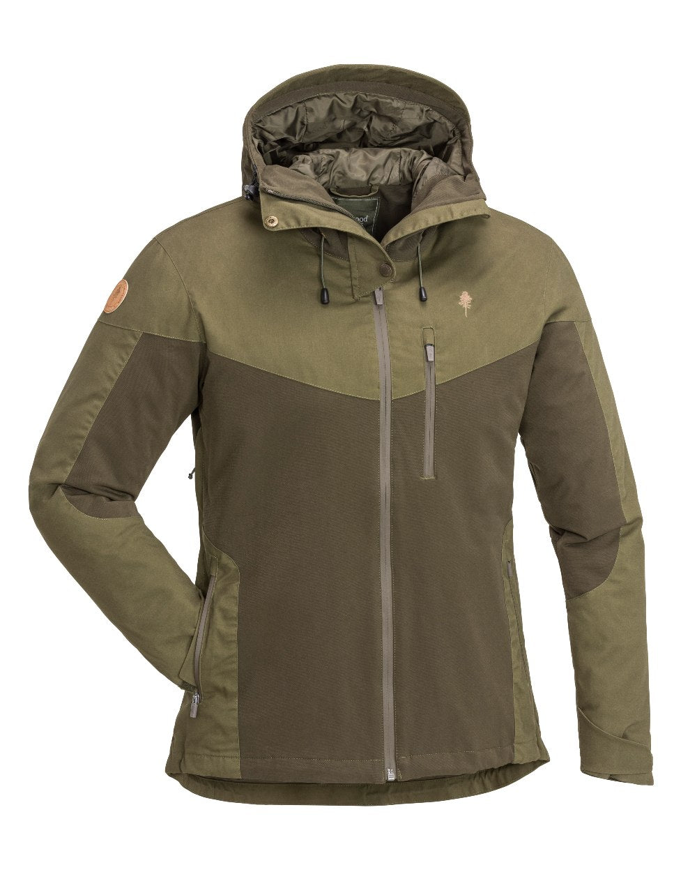 Dark Olive Hunting Olive Coloured Pinewood Womens Finnveden Hybrid Extreme Jacket on white background #colour_dark-olive-hunting-olive