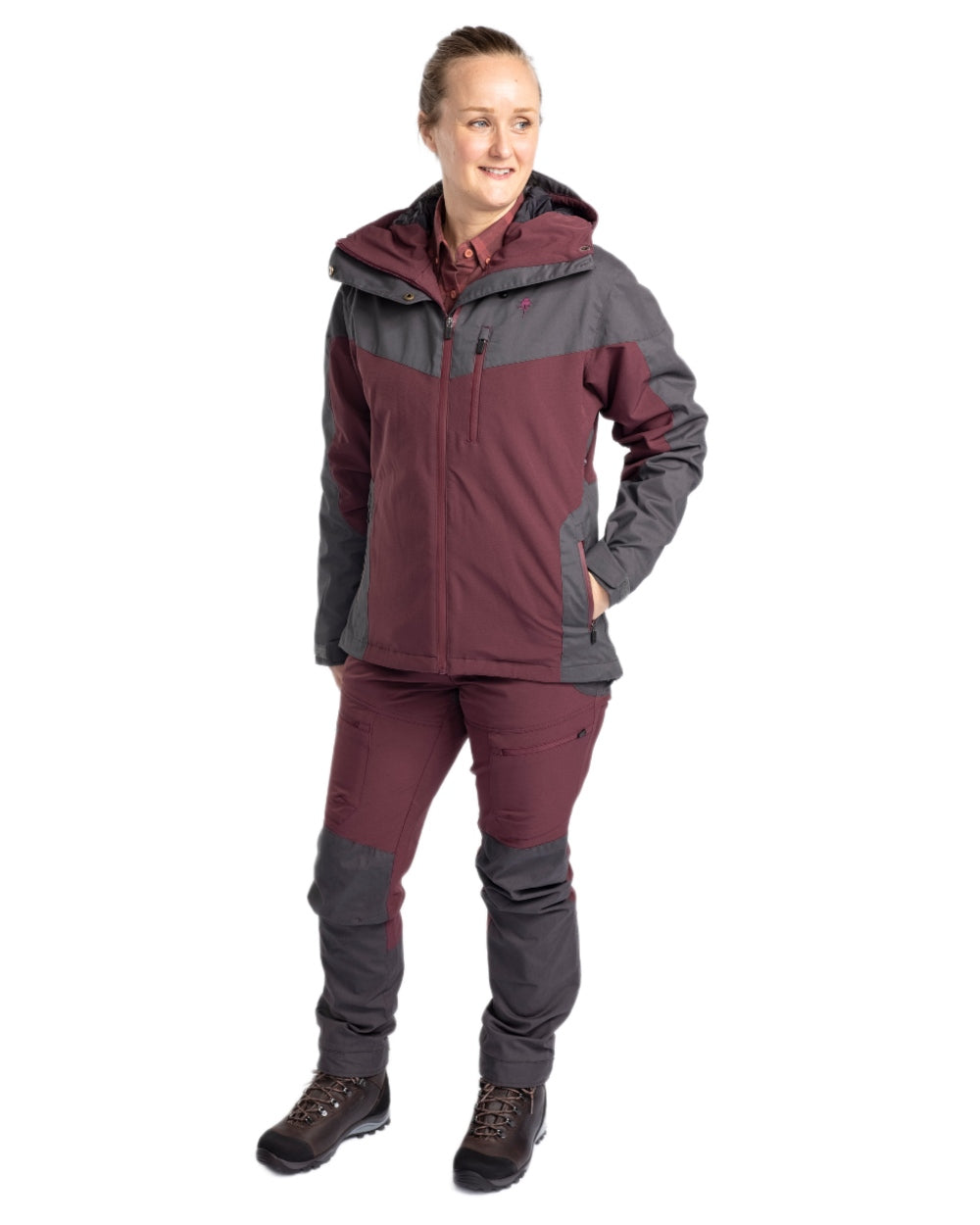 EarthPlum Dark Anthracite Coloured Pinewood Womens Finnveden Hybrid Extreme Jacket on white background #colour_earth-plum-dark-anthracite