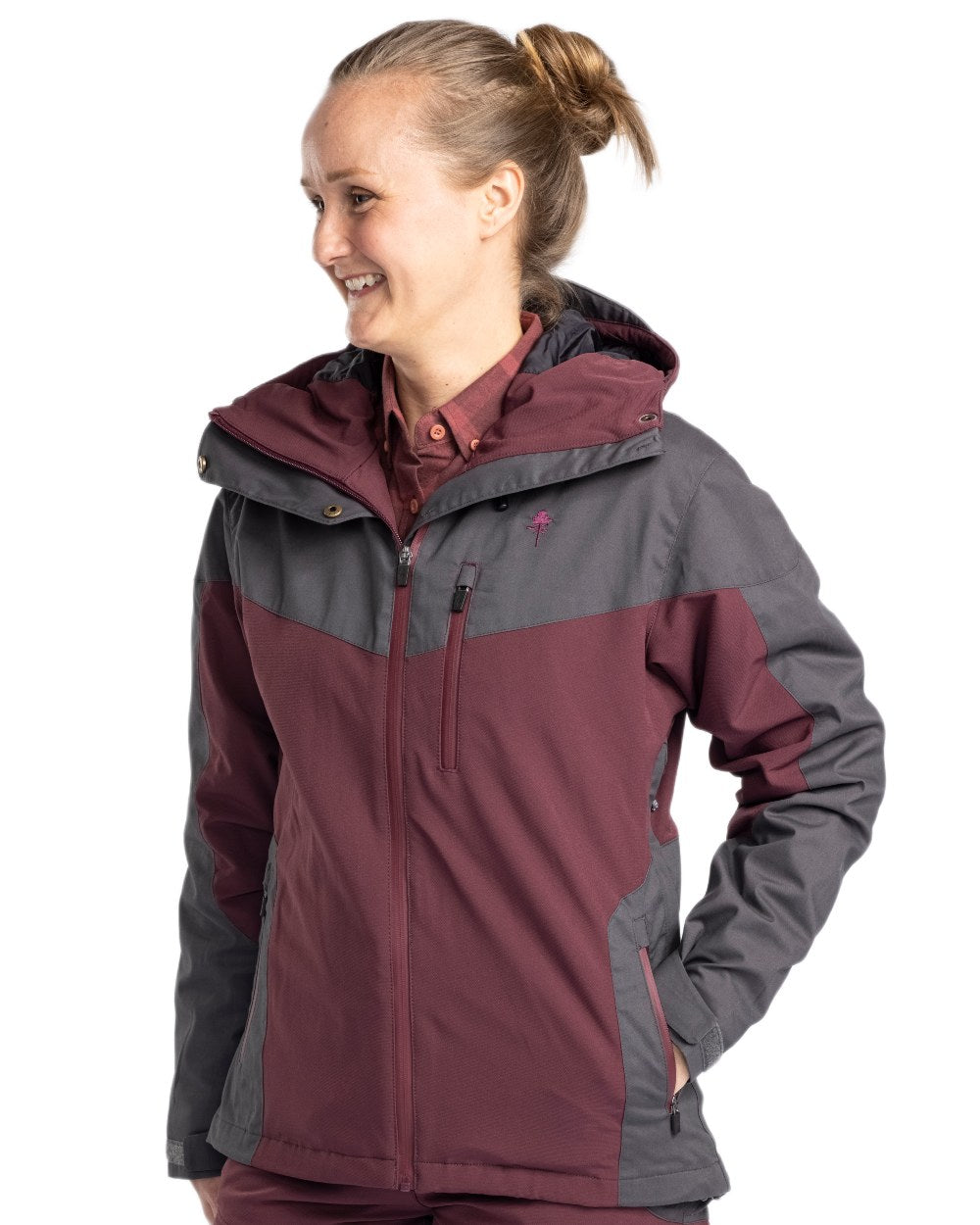 EarthPlum Dark Anthracite Coloured Pinewood Womens Finnveden Hybrid Extreme Jacket on white background #colour_earth-plum-dark-anthracite