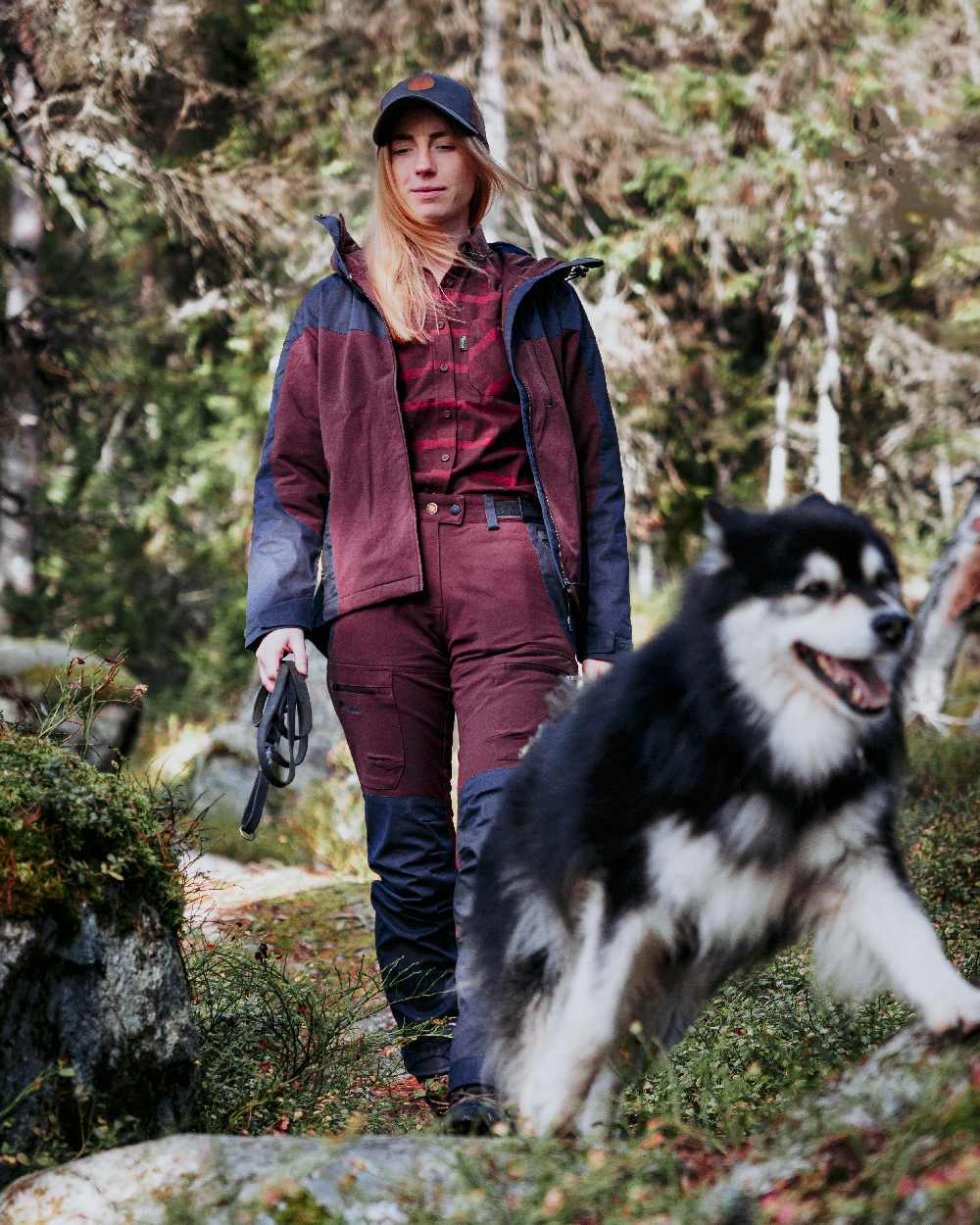 EarthPlum Dark Anthracite Coloured Pinewood Womens Finnveden Hybrid Extreme Jacket on forest background #colour_earth-plum-dark-anthracite