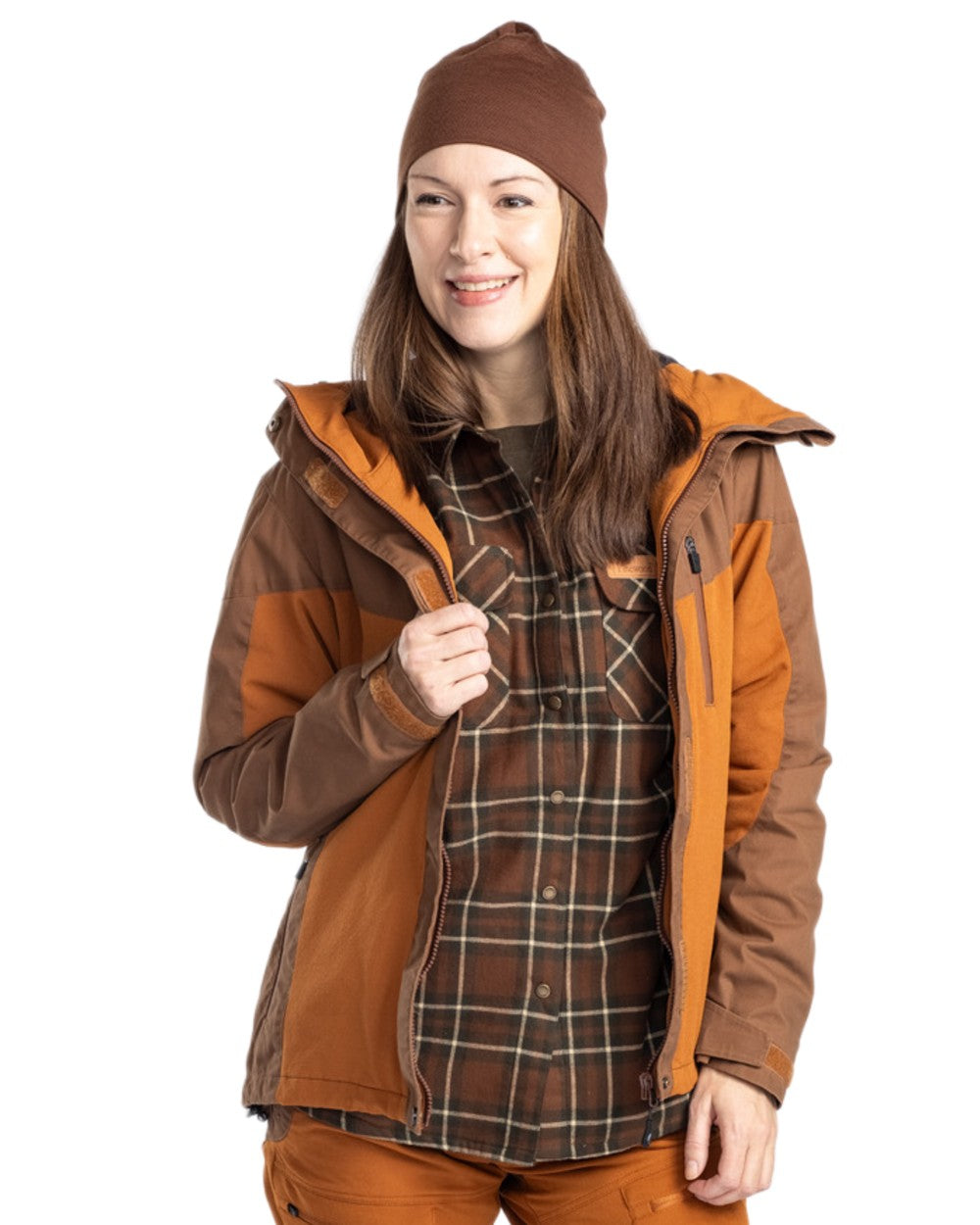 Fudge Nougat Coloured Pinewood Womens Finnveden Hybrid Extreme Jacket on white background #colour_fudge-nougat