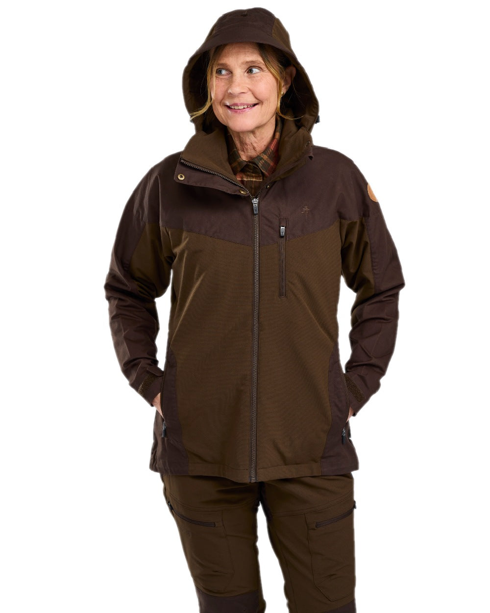Dark Brown Coloured Pinewood Womens Finnveden Hybrid Jacket on white background #colour_dark-brown