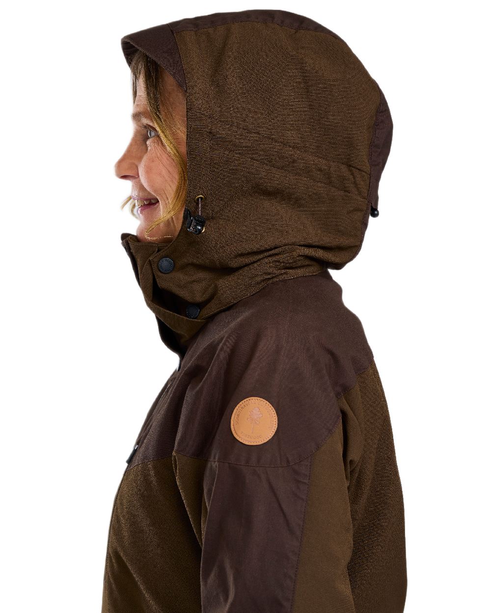 Dark Brown Coloured Pinewood Womens Finnveden Hybrid Jacket on white background #colour_dark-brown