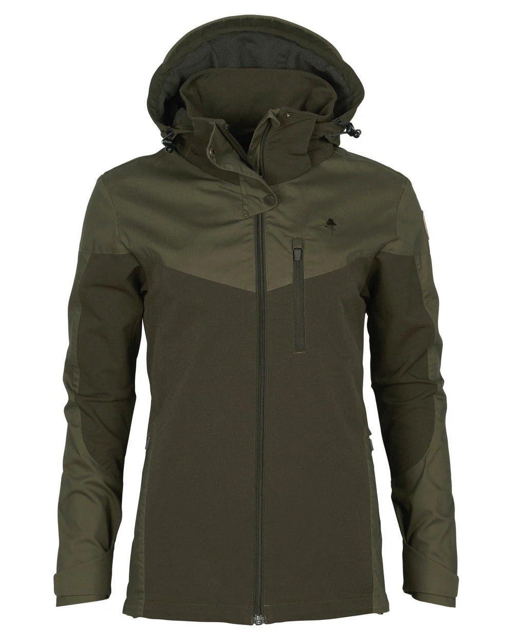 Dark Olive Hunting Olive coloured Pinewood Womens Finnveden Hybrid Jacket on white background #colour_dark-olive-hunting-olive