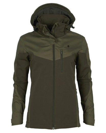 Dark Olive Hunting Olive coloured Pinewood Womens Finnveden Hybrid Jacket on white background #colour_dark-olive-hunting-olive