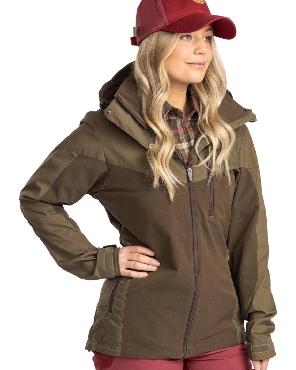Dark Olive Hunting Olive coloured Pinewood Womens Finnveden Hybrid Jacket on white background #colour_dark-olive-hunting-olive