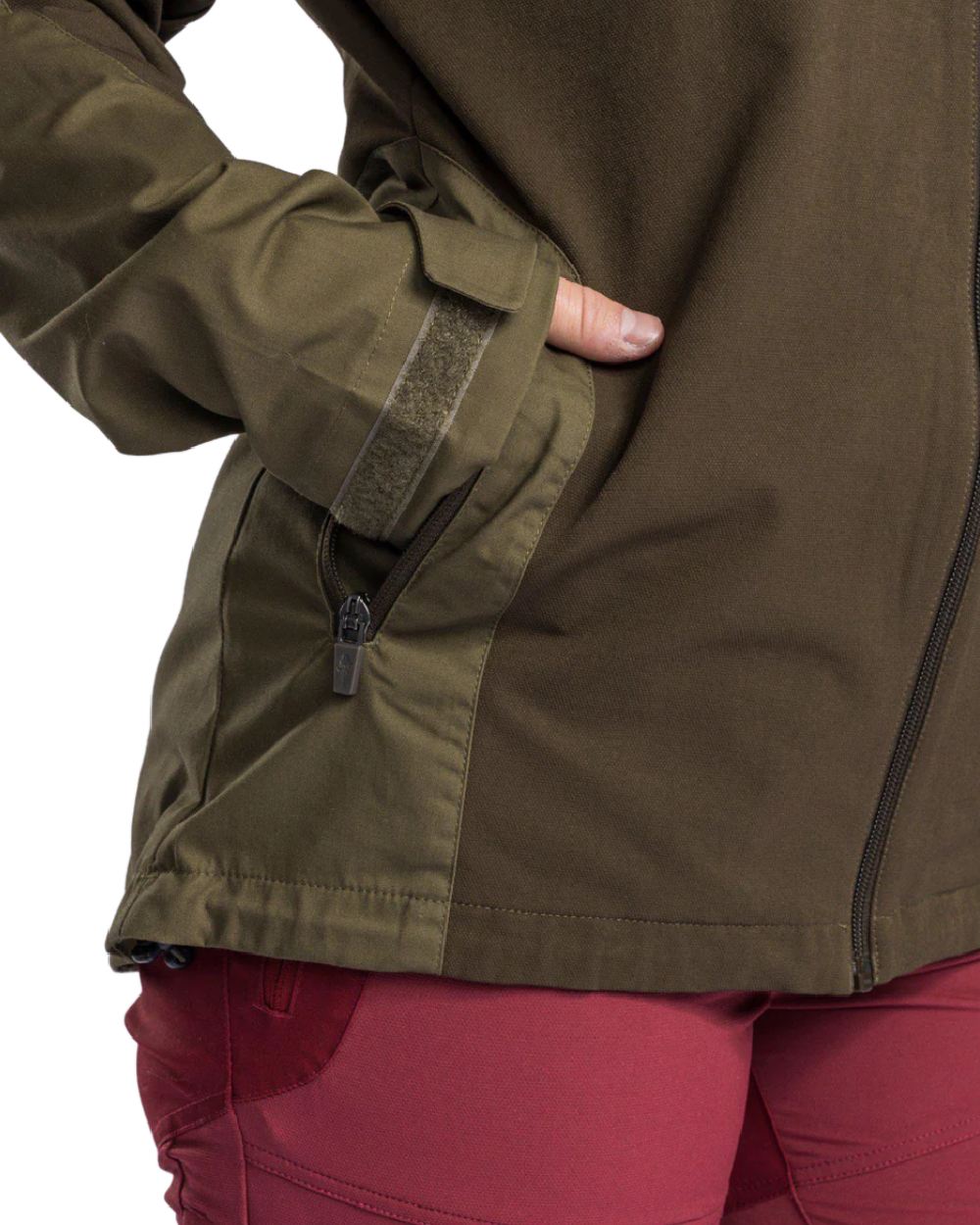 Dark Olive Hunting Olive coloured Pinewood Womens Finnveden Hybrid Jacket on white background #colour_dark-olive-hunting-olive