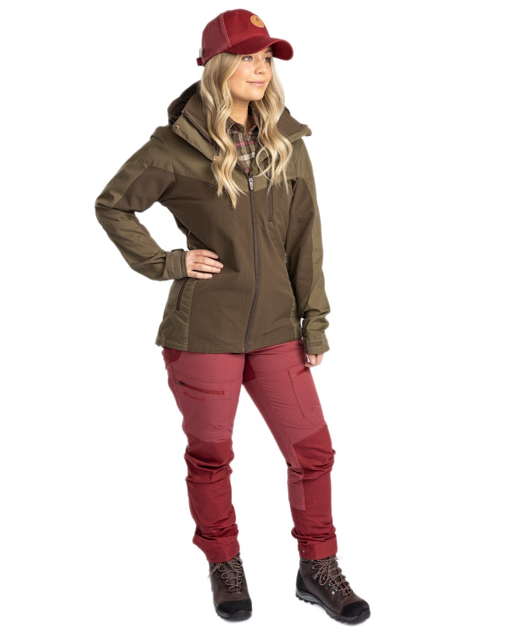 Dark Olive Hunting Olive coloured Pinewood Womens Finnveden Hybrid Jacket on white background #colour_dark-olive-hunting-olive
