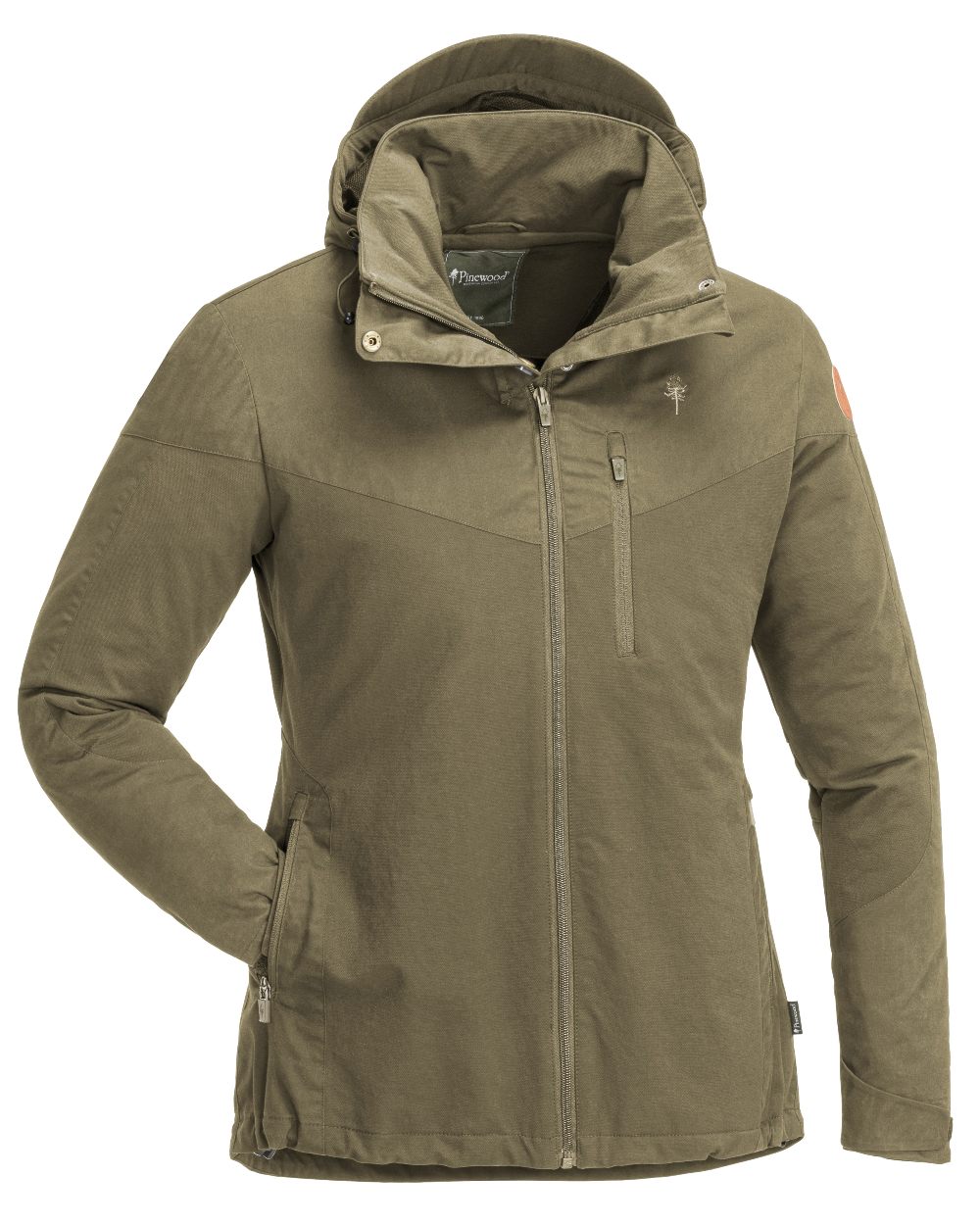 Hunting Olive Coloured Pinewood Womens Finnveden Hybrid Jacket on white background #colour_hunting-olive