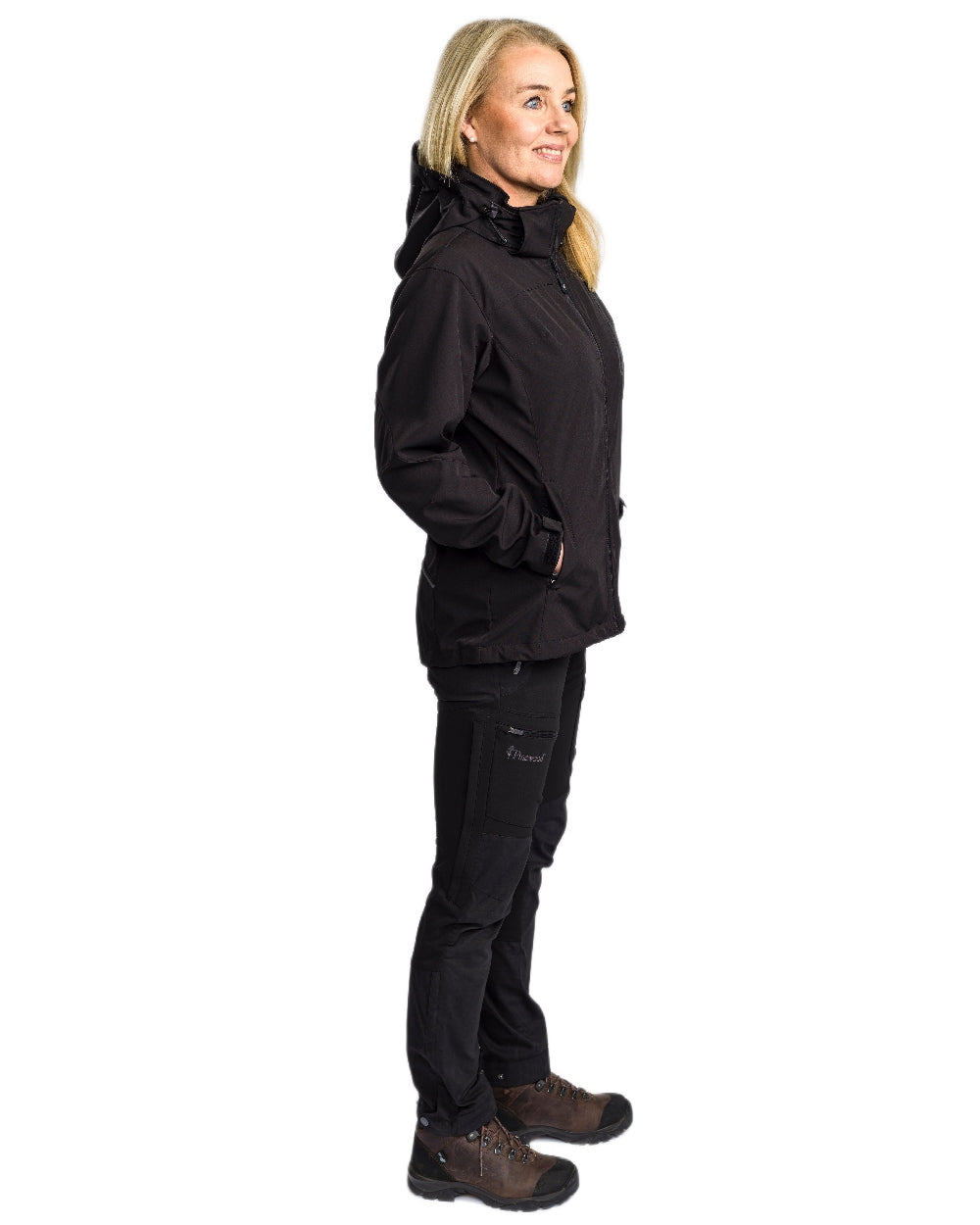 Black Coloured Pinewood Womens Finnveden Hybrid Trousers on white background #colour_black