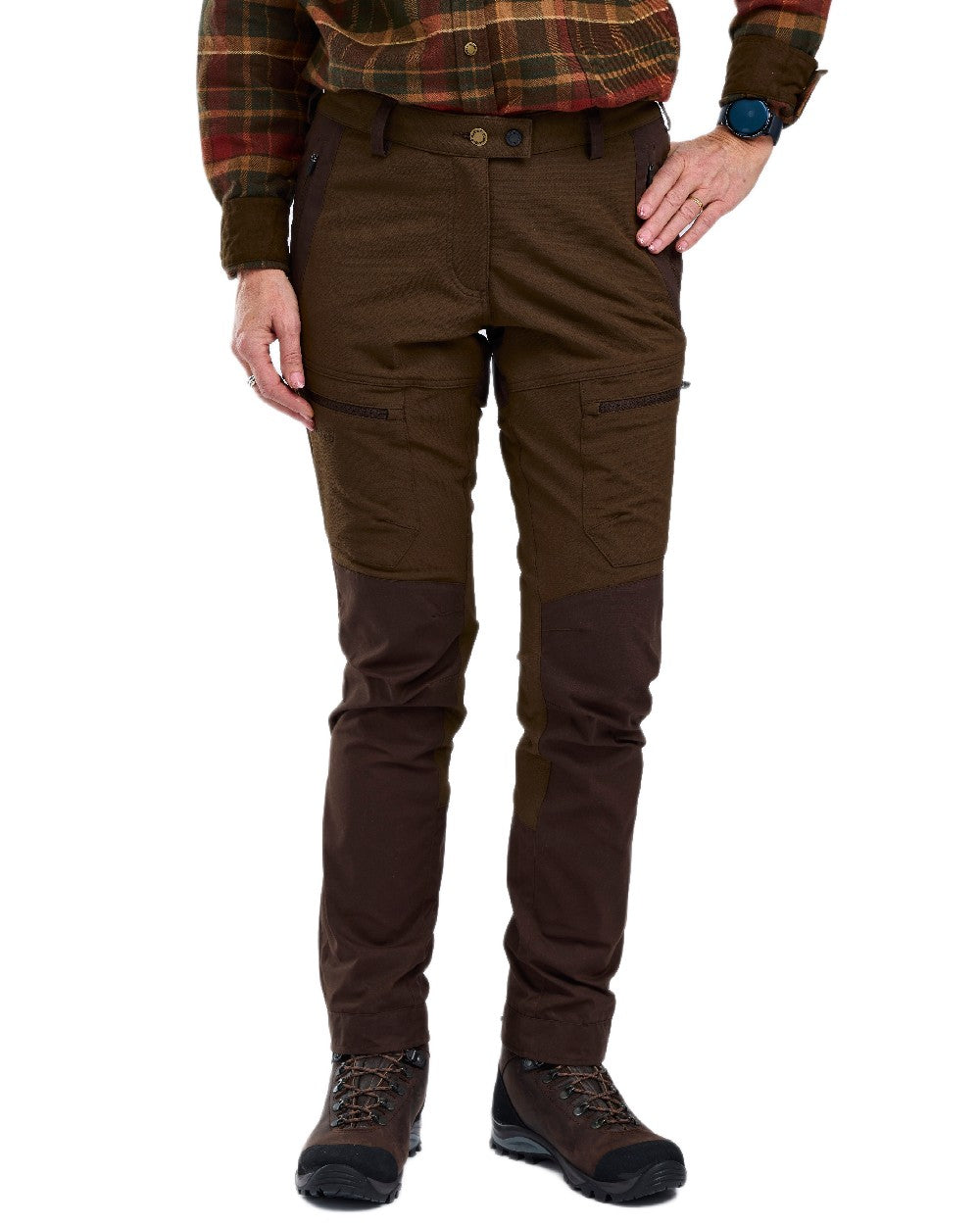 Dark Brown Coloured Pinewood Womens Finnveden Hybrid Trousers on white background #colour_dark-brown