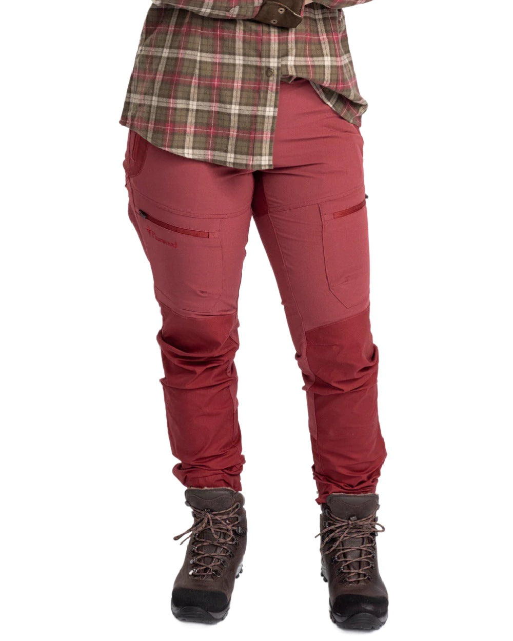 Dark Red Dark Tomato coloured Pinewood Womens Finnveden Hybrid Trousers on white background #colour_dark-red-dark-tomato
