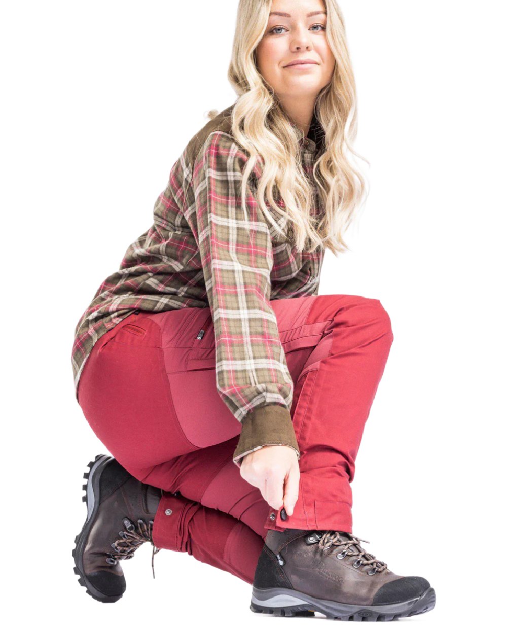 Dark Red Dark Tomato coloured Pinewood Womens Finnveden Hybrid Trousers on white background #colour_dark-red-dark-tomato