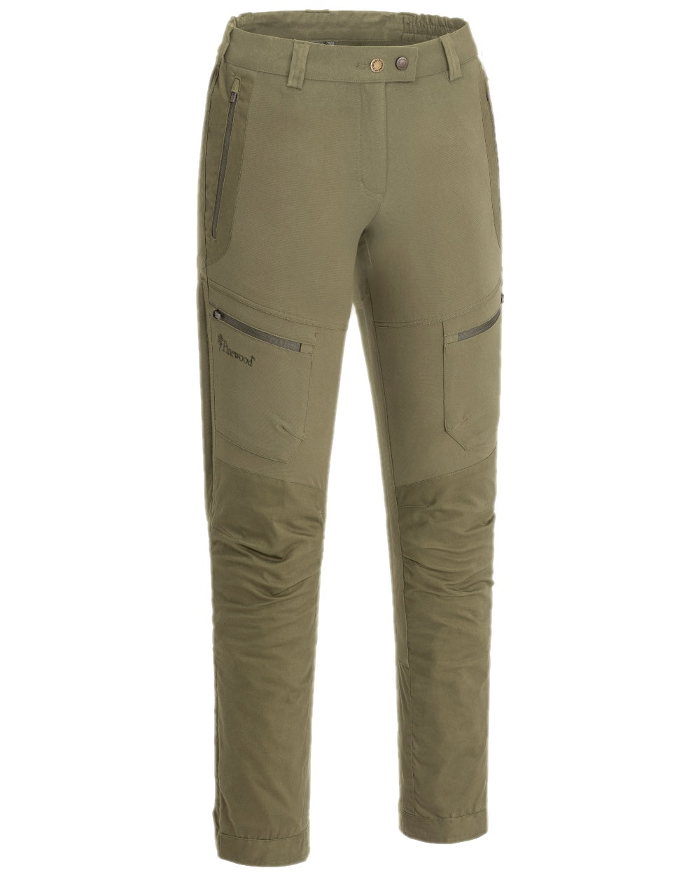 Hunting Olive Coloured Pinewood Womens Finnveden Hybrid Trousers on white background #colour_hunting-olive
