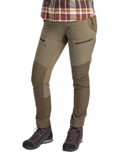 Hunting Olive Coloured Pinewood Womens Finnveden Hybrid Trousers on white background #colour_hunting-olive