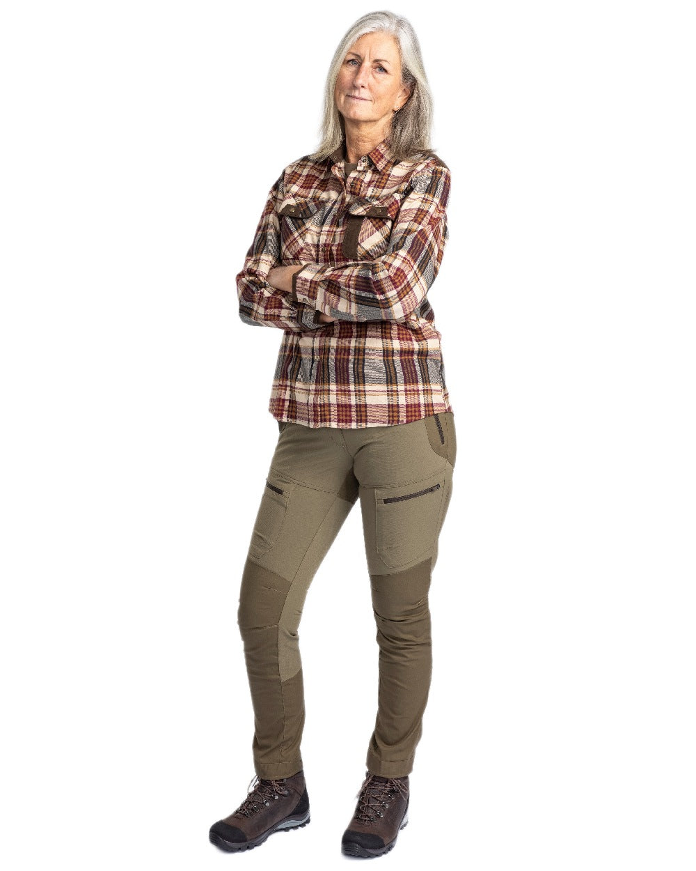 Hunting Olive Coloured Pinewood Womens Finnveden Hybrid Trousers on white background #colour_hunting-olive