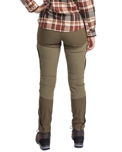Hunting Olive Coloured Pinewood Womens Finnveden Hybrid Trousers on white background #colour_hunting-olive