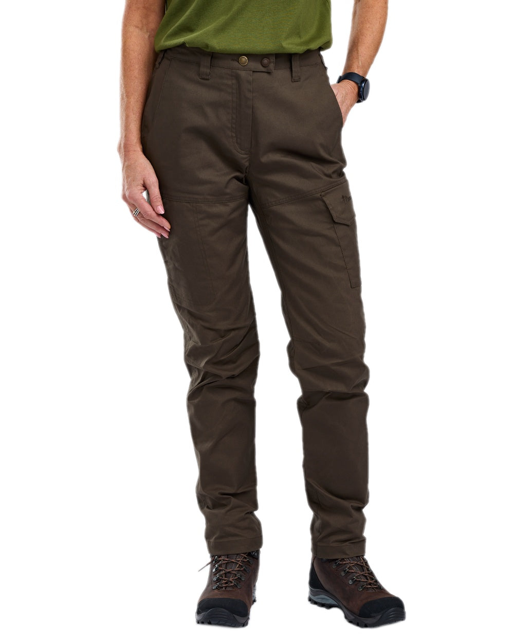 Dark Olive Coloured Pinewood Womens Finnveden Outdoor Trousers on white background #colour_dark-olive