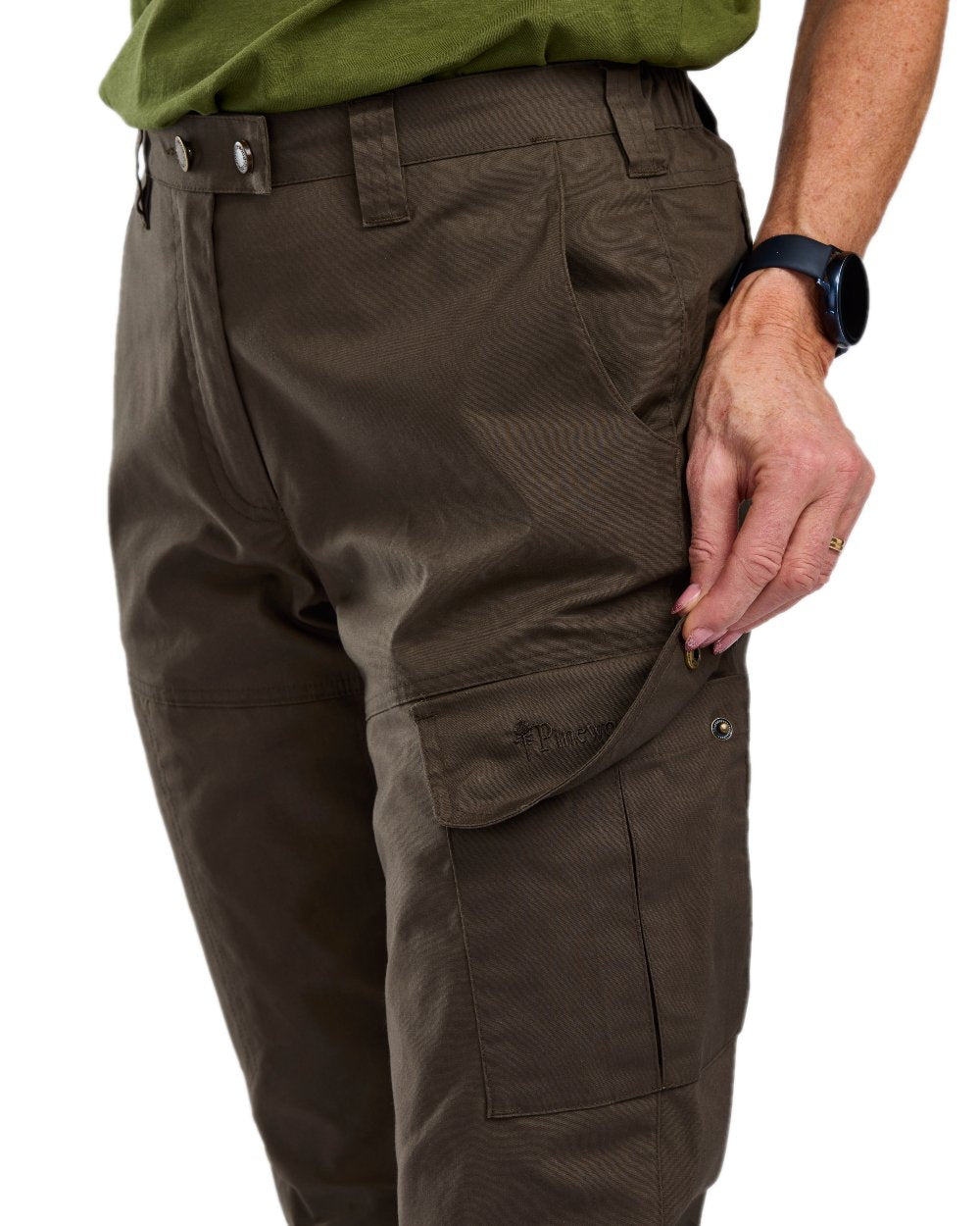 Dark Olive Coloured Pinewood Womens Finnveden Outdoor Trousers on white background #colour_dark-olive