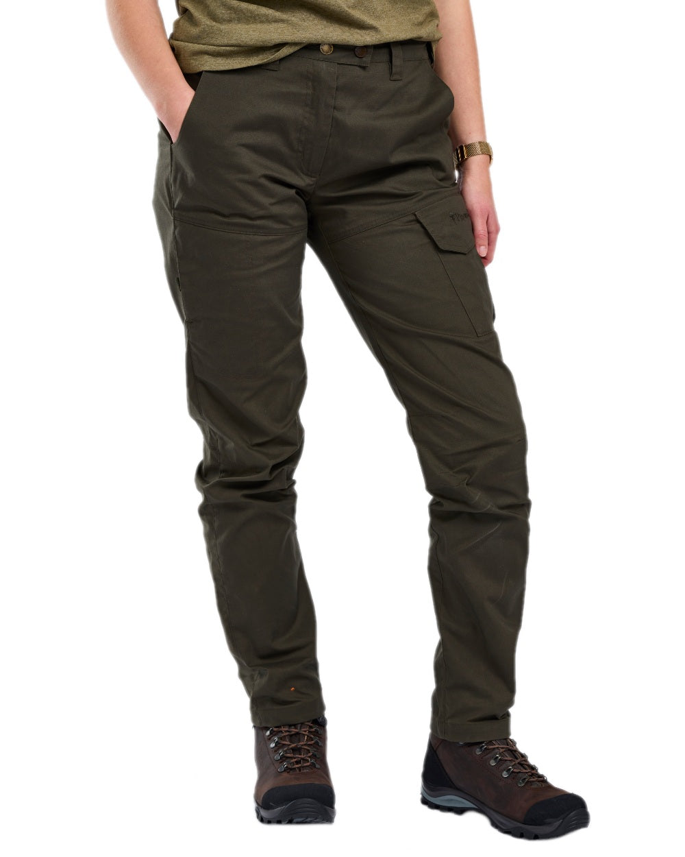 Moss Green Coloured Pinewood Womens Finnveden Outdoor Trousers on white background #colour_moss-green