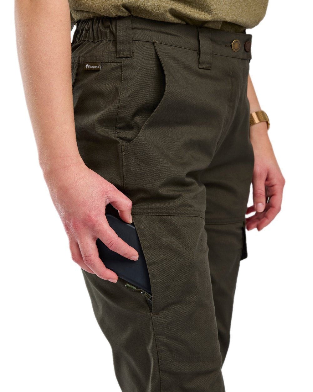 Moss Green Coloured Pinewood Womens Finnveden Outdoor Trousers on white background #colour_moss-green