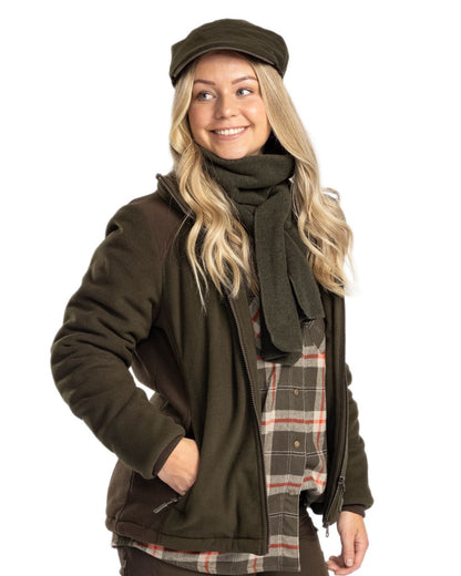 Green Suede Brown Coloured Pinewood Womens Harriette Padded Fleece Jacket on white background #colour_green-suede-brown