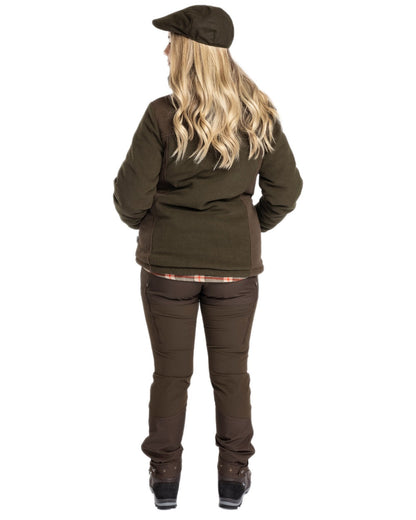 Green Suede Brown Coloured Pinewood Womens Harriette Padded Fleece Jacket on white background #colour_green-suede-brown