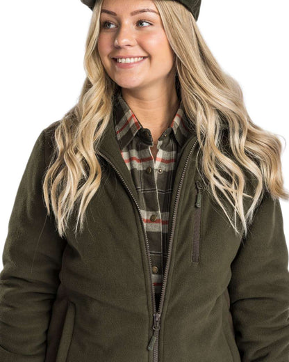 Green Suede Brown Coloured Pinewood Womens Harriette Padded Fleece Jacket on white background #colour_green-suede-brown