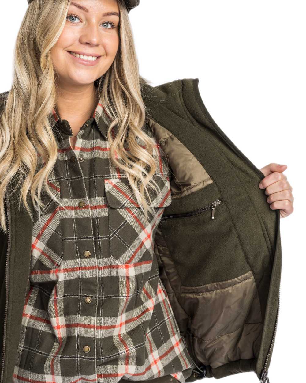 Green Suede Brown Coloured Pinewood Womens Harriette Padded Fleece Jacket on white background #colour_green-suede-brown