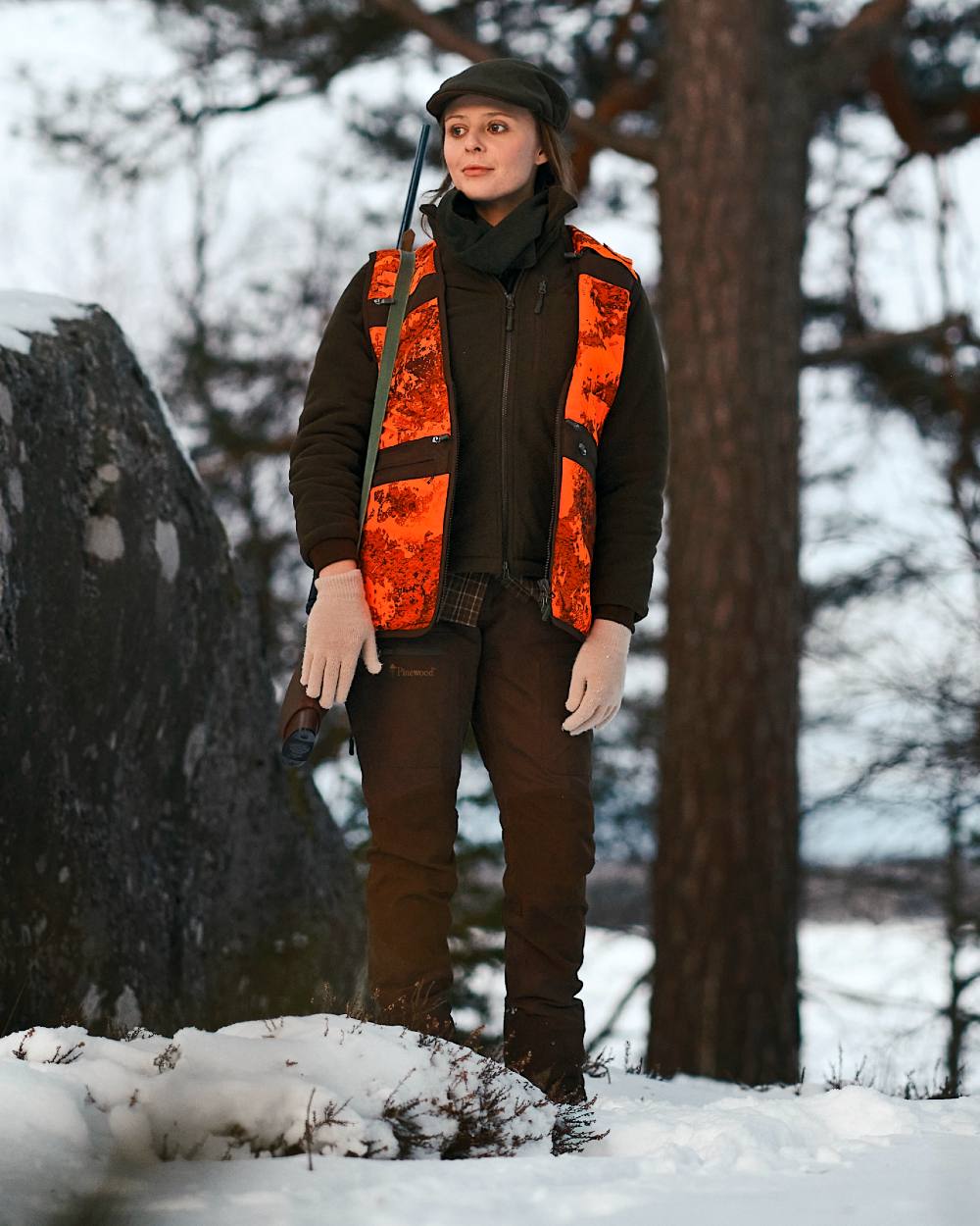 Green Suede Brown Coloured Pinewood Womens Harriette Padded Fleece Jacket on snow background #colour_green-suede-brown