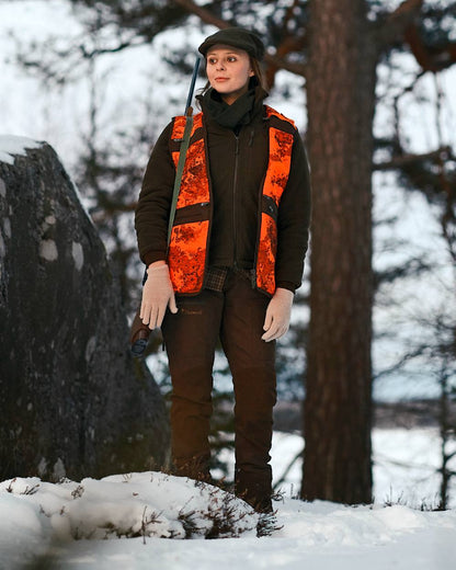 Green Suede Brown Coloured Pinewood Womens Harriette Padded Fleece Jacket on snow background #colour_green-suede-brown