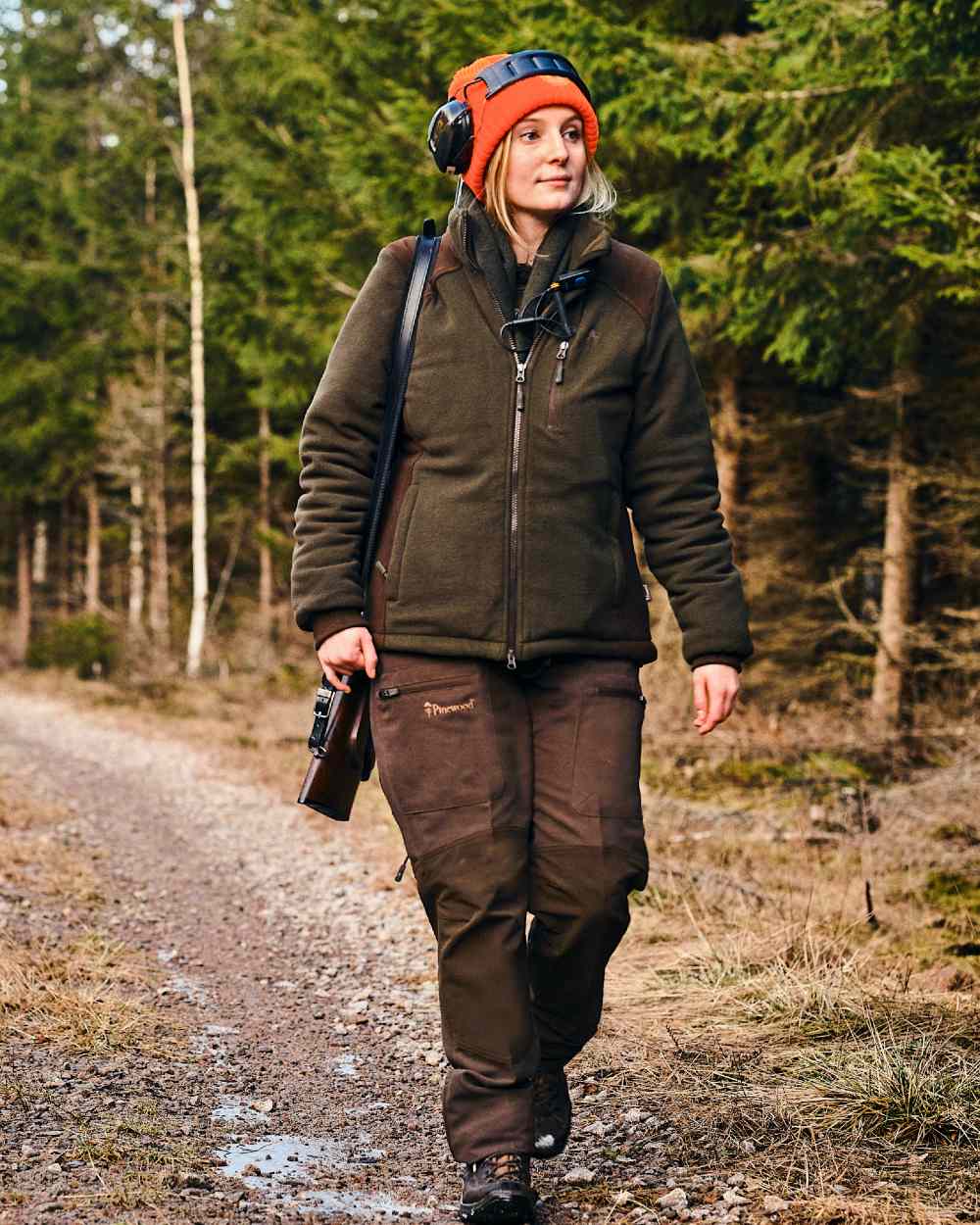 Green Suede Brown Coloured Pinewood Womens Harriette Padded Fleece Jacket on forest background #colour_green-suede-brown