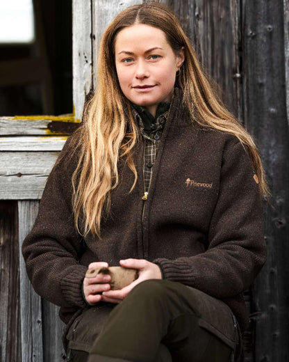 Dark Brown Mel Coloured Pinewood Womens Hurricane Full Zip Sweater on outdoor background #colour_dark-brown-mel