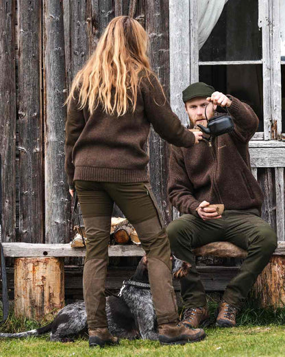 Dark Brown Mel Coloured Pinewood Womens Hurricane Full Zip Sweater on outdoor background #colour_dark-brown-mel