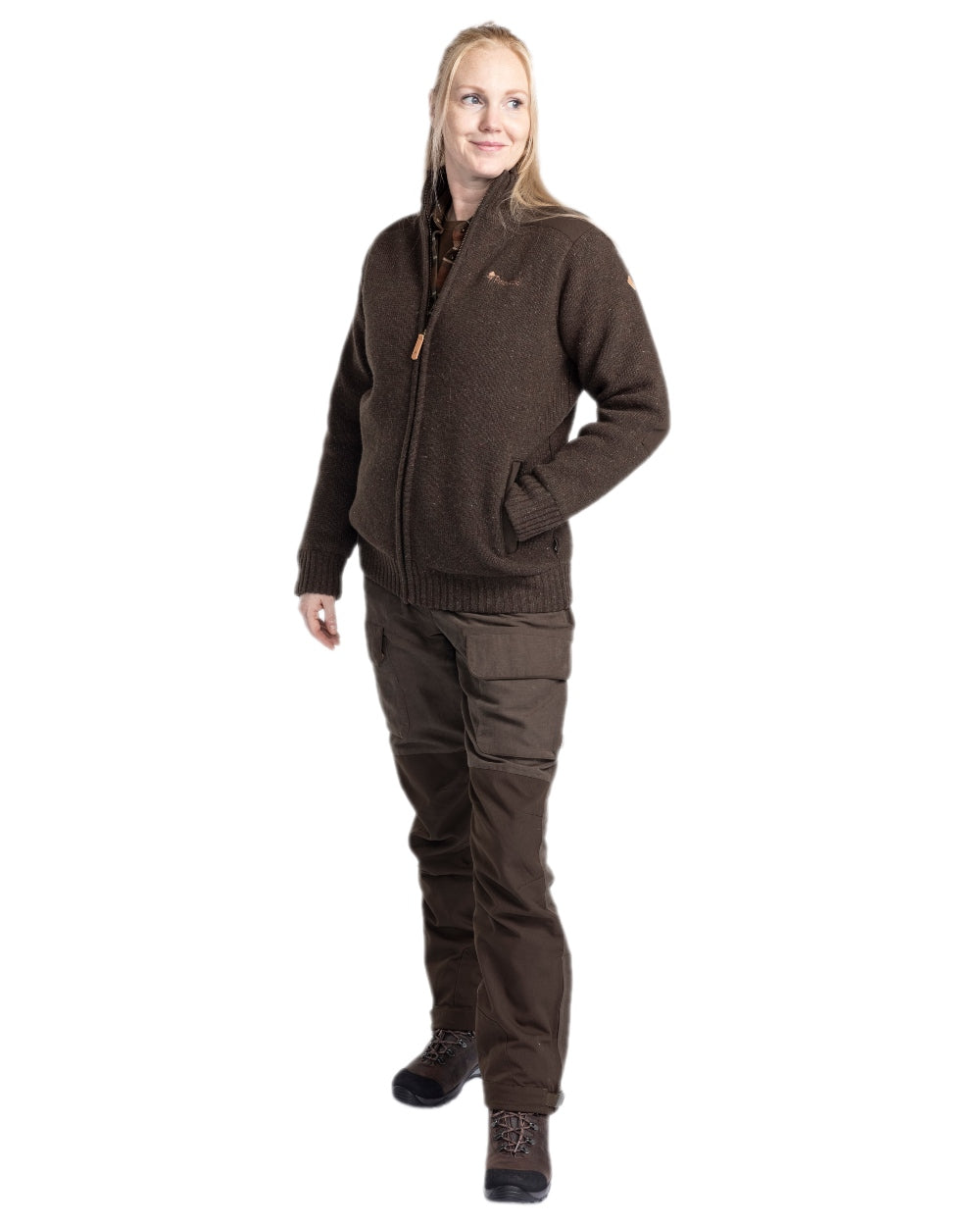 Dark Brown Mel Coloured Pinewood Womens Hurricane Full Zip Sweater on white background #colour_dark-brown-mel
