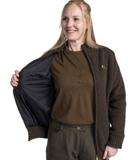 Dark Brown Mel Coloured Pinewood Womens Hurricane Full Zip Sweater on white background #colour_dark-brown-mel