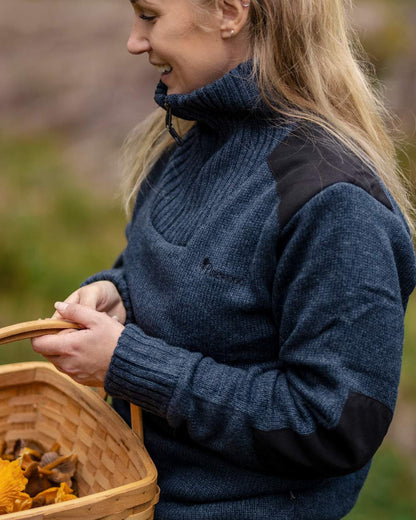 Dark Navy Mel Coloured Pinewood Womens Hurricane Knitted Sweater on outdoor background #colour_dark-navy-mel
